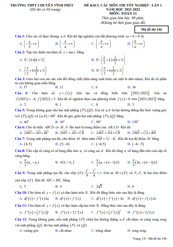 Đề KSCL Toán 11 thi tốt nghiệp THPT 2022 lần 1 trường THPT chuyên Vĩnh Phúc