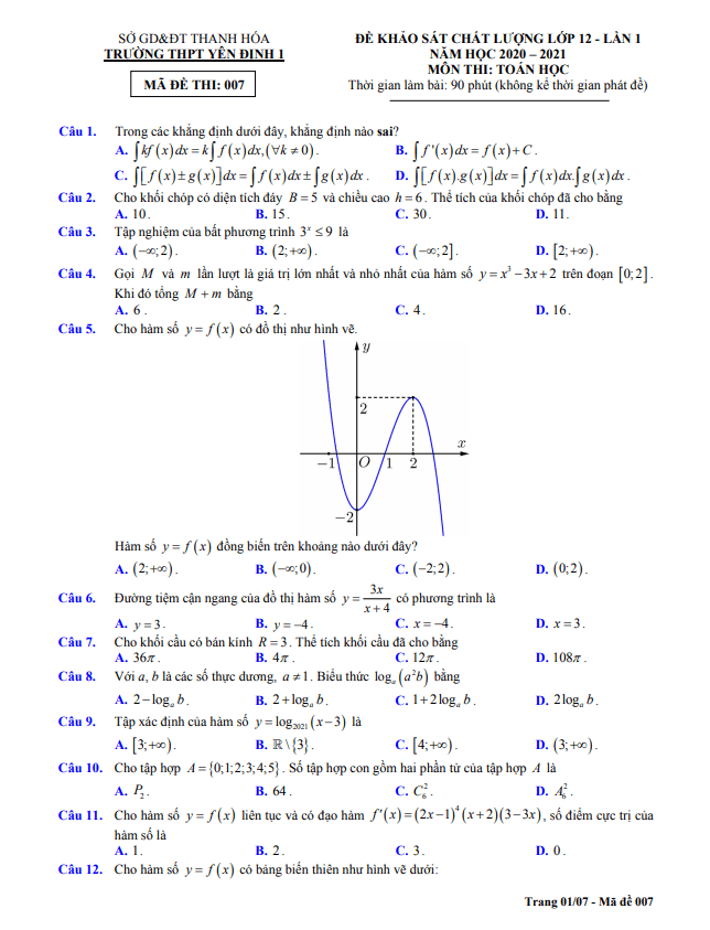 Đề KSCL Toán 12 lần 1 năm 2020 – 2021 trường Yên Định 1 – Thanh Hóa