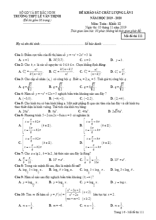 Đề KSCL Toán 12 lần 1 năm học 2019 – 2020 trường Lê Văn Thịnh – Bắc Ninh