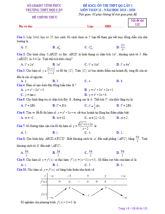 Đề KSCL Toán 12 lần 1 ôn thi THPTQG 2019 – 2020 trường Đội Cấn – Vĩnh Phúc