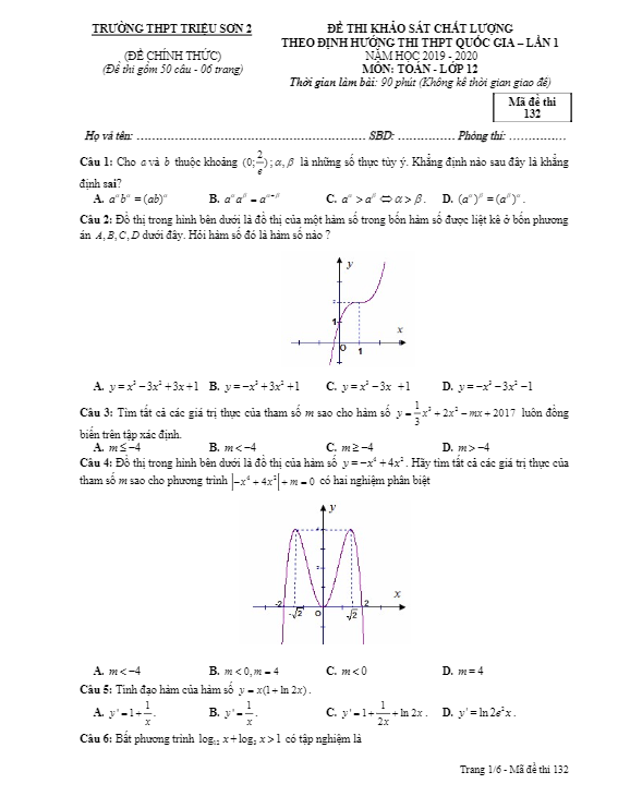 Đề KSCL Toán 12 lần 1 ôn thi THPTQG 2020 trường Triệu Sơn 2 – Thanh Hóa