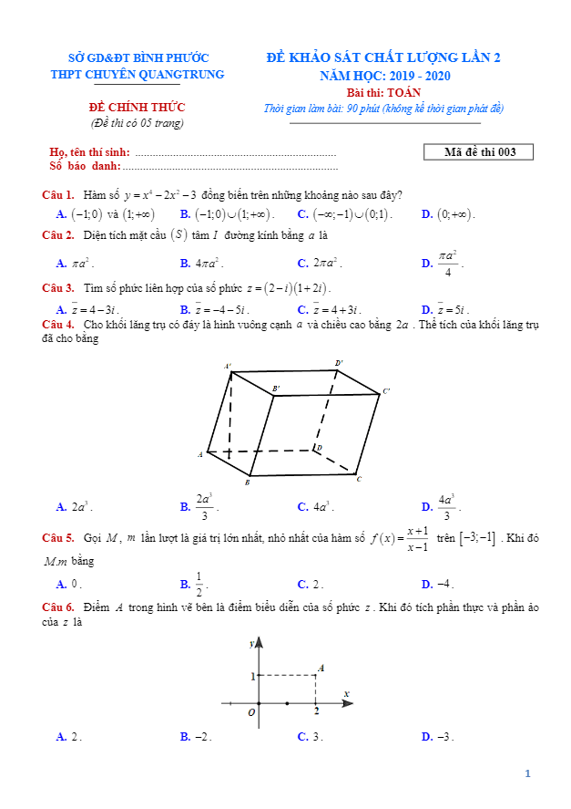 Đề KSCL Toán 12 lần 2 năm 2019 – 2020 trường chuyên Quang Trung – Bình Phước