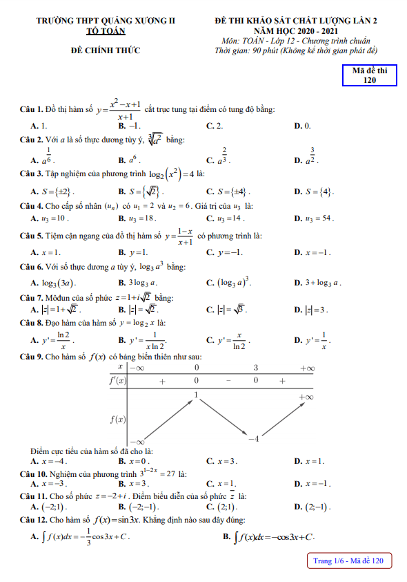 Đề KSCL Toán 12 lần 2 năm 2020 – 2021 trường Quảng Xương 2 – Thanh Hóa