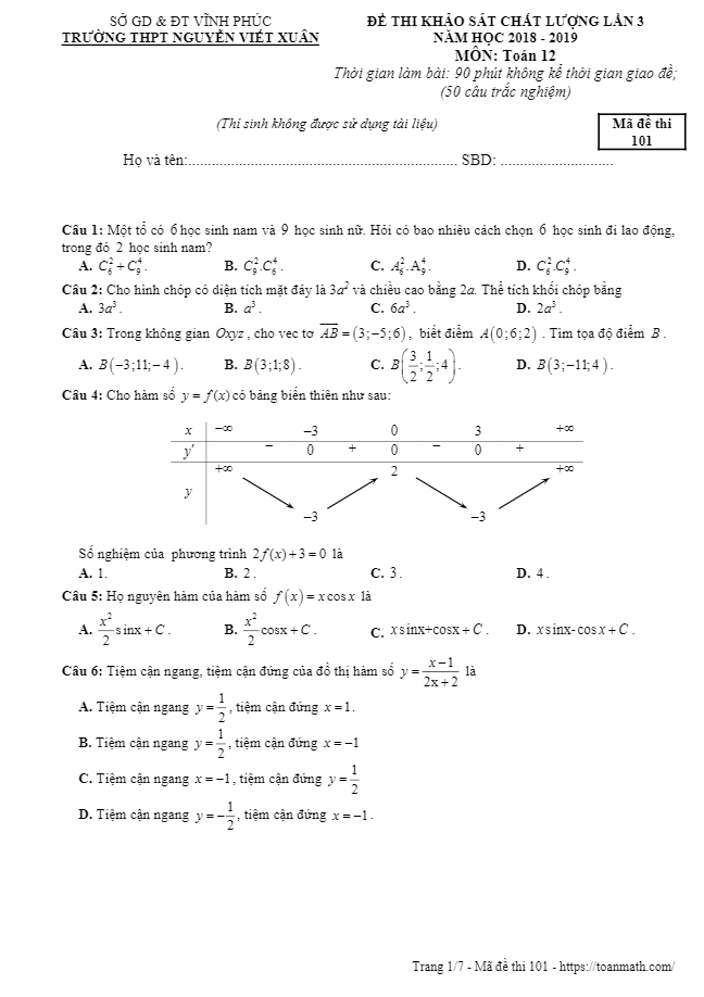 Đề KSCL Toán 12 lần 3 năm 2018 – 2019 trường Nguyễn Viết Xuân – Vĩnh Phúc