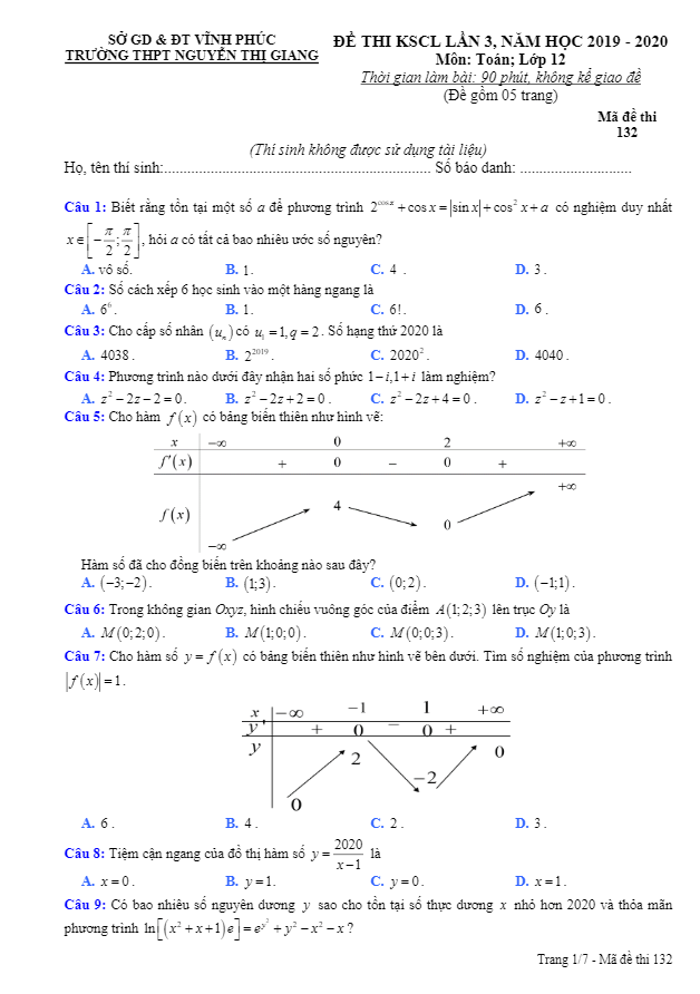 Đề KSCL Toán 12 lần 3 năm 2019 – 2020 trường Nguyễn Thị Giang – Vĩnh Phúc