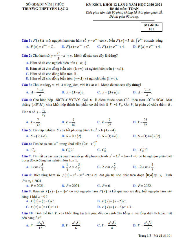 Đề KSCL Toán 12 lần 3 năm 2020 – 2021 trường THPT Yên Lạc 2 – Vĩnh Phúc