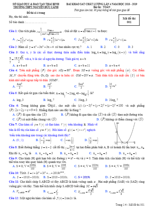 Đề KSCL Toán 12 lần 4 năm 2018 – 2019 trường Nguyễn Đức Cảnh – Thái Bình