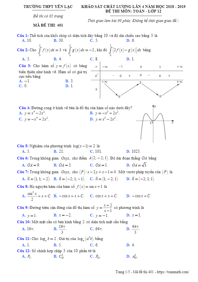 Đề KSCL Toán 12 lần 4 năm 2018 – 2019 trường THPT Yên Lạc – Vĩnh Phúc