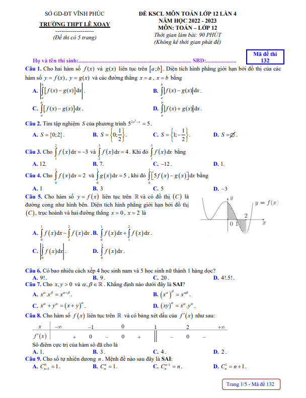 Đề KSCL Toán 12 lần 4 năm 2022 – 2023 trường THPT Lê Xoay – Vĩnh Phúc