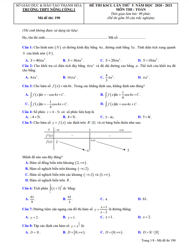 Đề KSCL Toán 12 lần 5 năm 2020 – 2021 trường Nông Cống 1 – Thanh Hóa