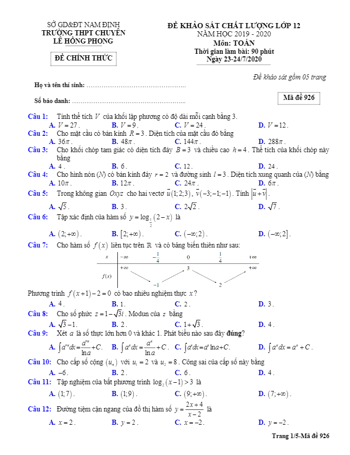 Đề KSCL Toán 12 năm 2019 – 2020 trường THPT chuyên Lê Hồng Phong – Nam Định