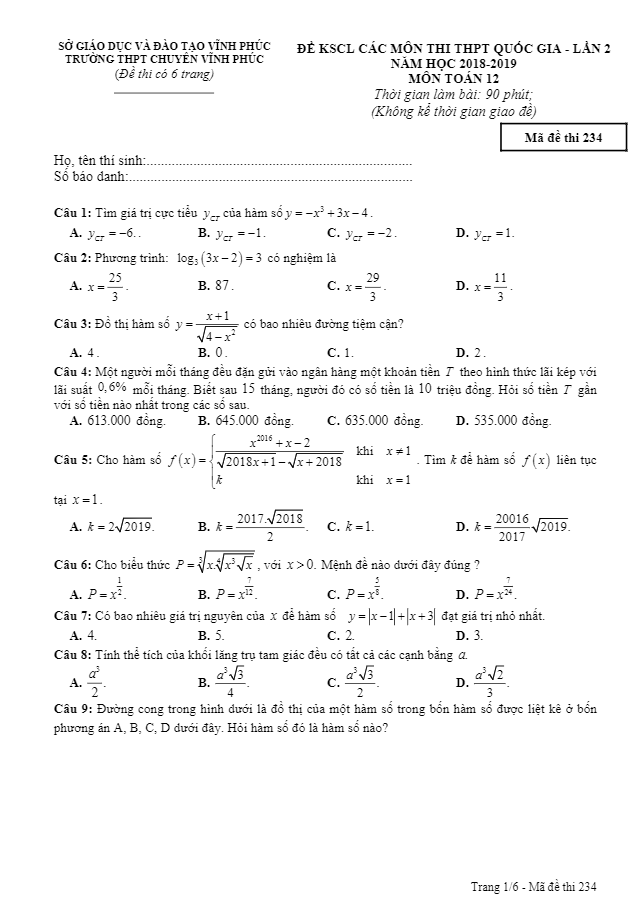 Đề KSCL Toán 12 ôn thi THPT Quốc gia năm 2018 – 2019 trường chuyên Vĩnh Phúc lần 2