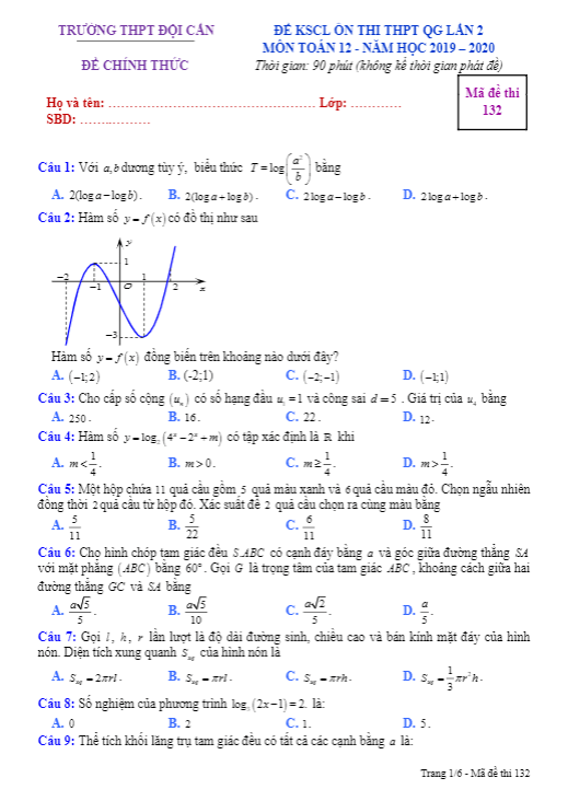 Đề KSCL Toán 12 ôn thi THPTQG 2020 lần 2 trường THPT Đội Cấn – Vĩnh Phúc