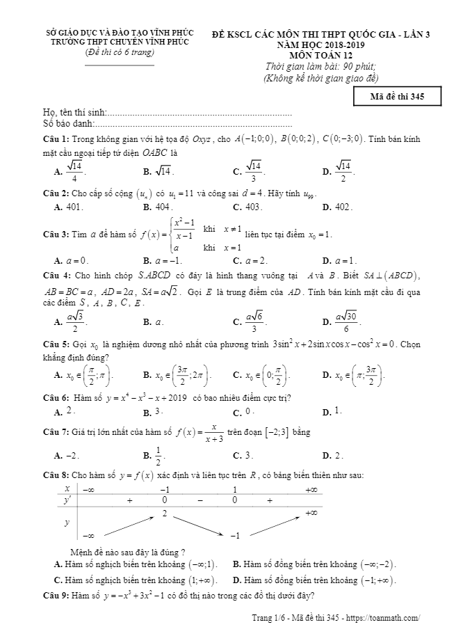 Đề KSCL Toán 12 ôn thi THPTQG năm 2018 – 2019 trường chuyên Vĩnh Phúc lần 3