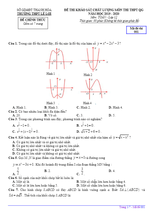 Đề KSCL Toán 12 thi THPT QG 2020 trường THPT Lê Lợi – Thanh Hóa
