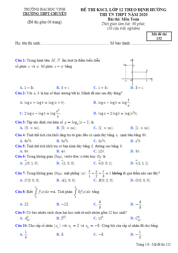 Đề KSCL Toán 12 thi TN THPT 2020 trường THPT chuyên Đại học Vinh – Nghệ An
