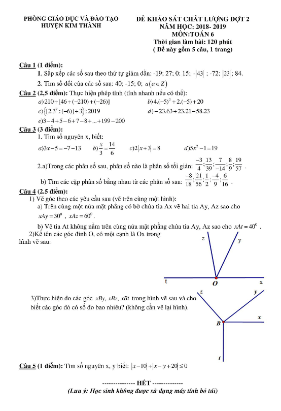 Đề KSCL Toán 6 đợt 2 năm 2018 – 2019 phòng GD&ĐT Kim Thành – Hải Dương