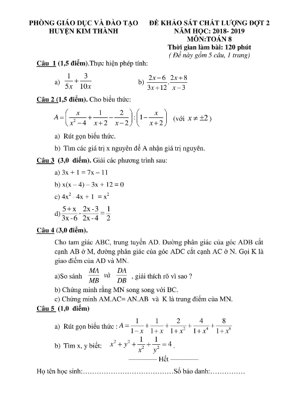 Đề KSCL Toán 8 đợt 2 năm 2018 – 2019 phòng GD&ĐT Kim Thành – Hải Dương