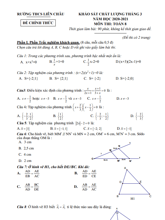 Đề KSCL Toán 8 tháng 3 năm 2021 trường THCS Liên Châu – Vĩnh Phúc