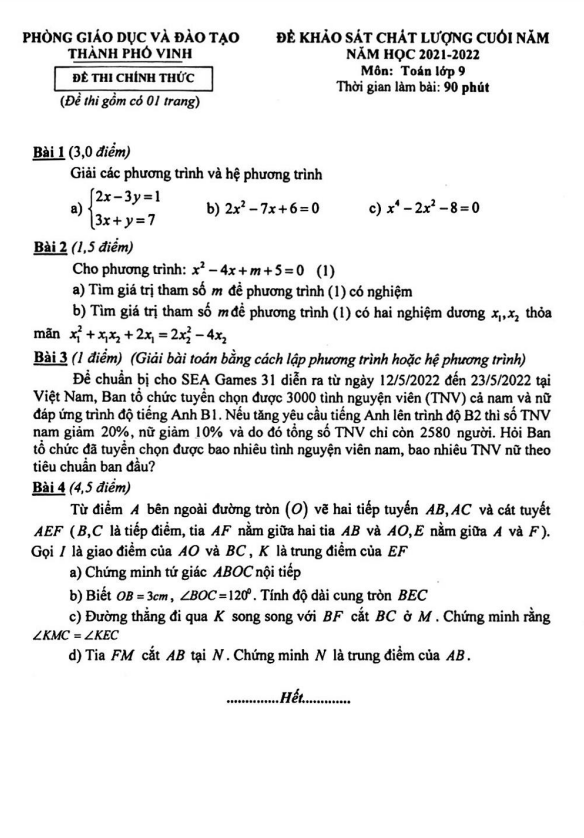 Đề KSCL Toán 9 cuối năm 2021 – 2022 phòng GD&ĐT thành phố Vinh – Nghệ An