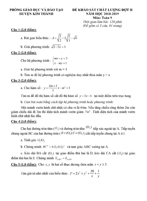 Đề KSCL Toán 9 đợt 2 năm 2018 – 2019 phòng GD&ĐT Kim Thành – Hải Dương