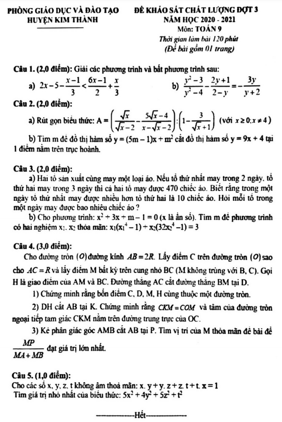 Đề KSCL Toán 9 đợt 3 năm 2020 – 2021 phòng GD&ĐT Kim Thành – Hải Dương