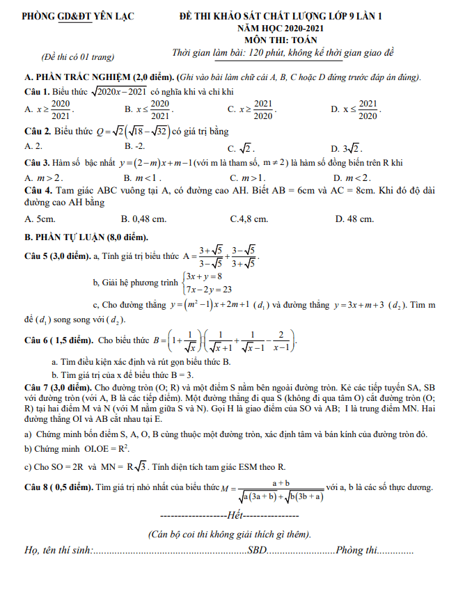 Đề KSCL Toán 9 lần 1 năm 2020 – 2021 phòng GD&ĐT Yên Lạc – Vĩnh Phúc