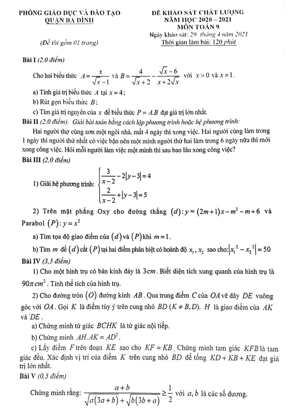 Đề KSCL Toán 9 năm 2020 – 2021 phòng GD&ĐT Ba Đình – Hà Nội