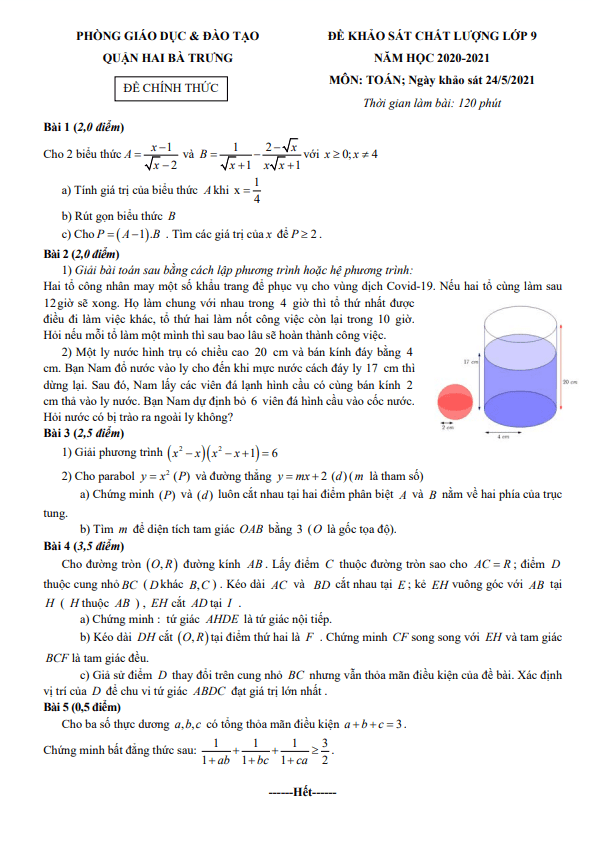 Đề KSCL Toán 9 năm 2020 – 2021 phòng GD&ĐT quận Hai Bà Trưng – Hà Nội