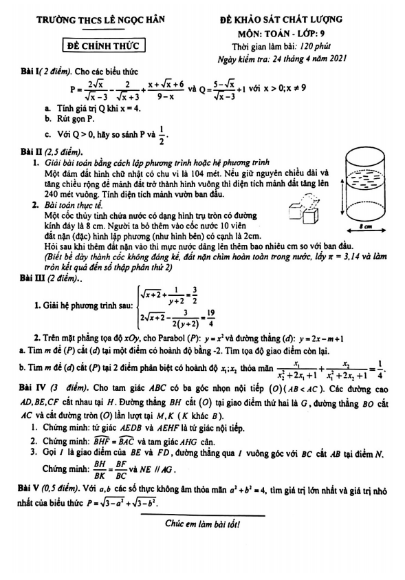 Đề KSCL Toán 9 năm 2020 – 2021 trường THCS Lê Ngọc Hân – Hà Nội