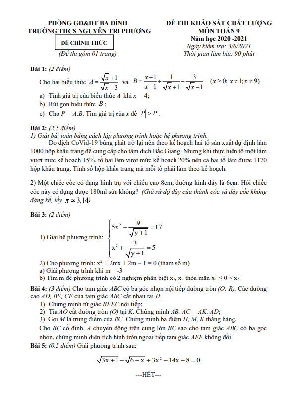 Đề KSCL Toán 9 năm 2020 – 2021 trường THCS Nguyễn Tri Phương – Hà Nội
