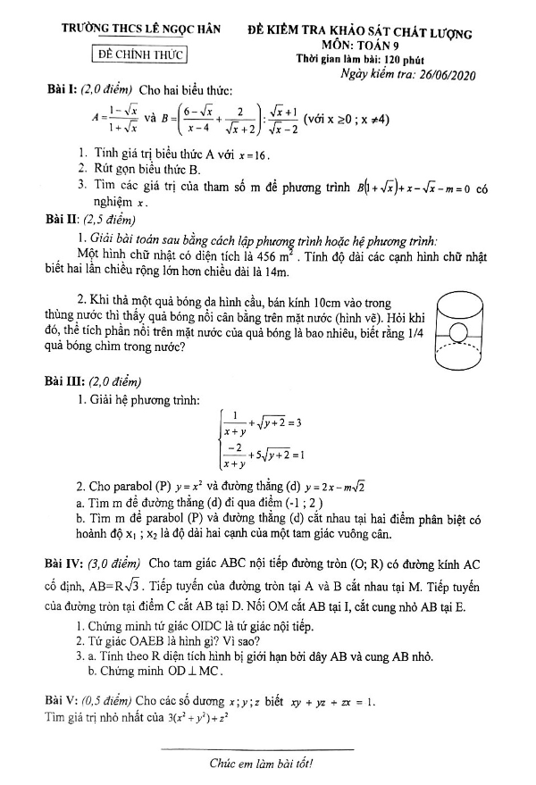 Đề KSCL Toán 9 năm học 2019 – 2020 trường THCS Lê Ngọc Hân – Hà Nội