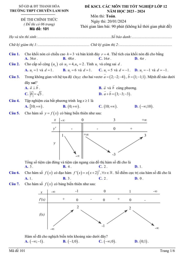 Đề KSCL Toán thi TN THPT 2024 trường chuyên Lam Sơn – Thanh Hóa
