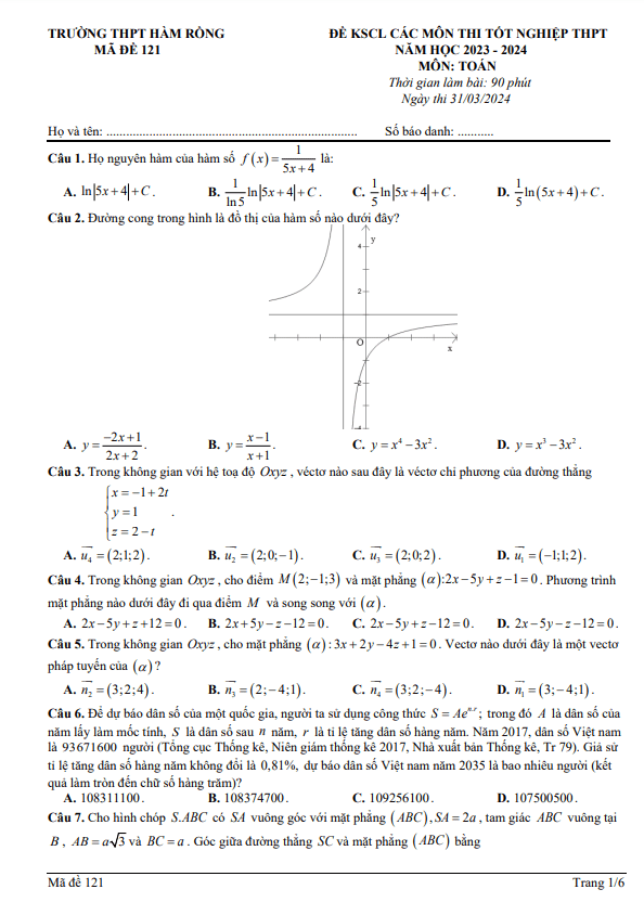 Đề KSCL Toán thi tốt nghiệp THPT 2024 trường THPT Hàm Rồng – Thanh Hóa