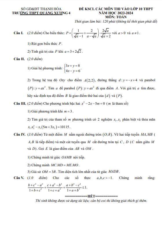 Đề KSCL Toán thi vào 10 năm 2023 – 2024 trường THPT Quảng Xương 4 – Thanh Hoá