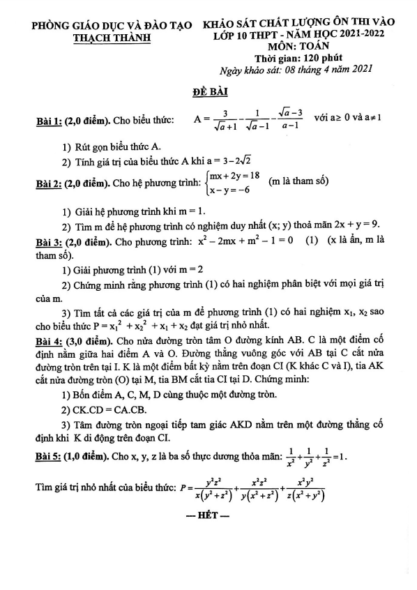 Đề KSCL Toán thi vào lớp 10 năm 2021 – 2022 phòng GD&ĐT Thạch Thành – Thanh Hóa