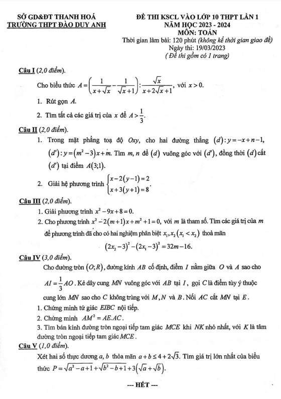 Đề KSCL Toán vào 10 lần 1 năm 2023 – 2024 trường THPT Đào Duy Anh – Thanh Hóa
