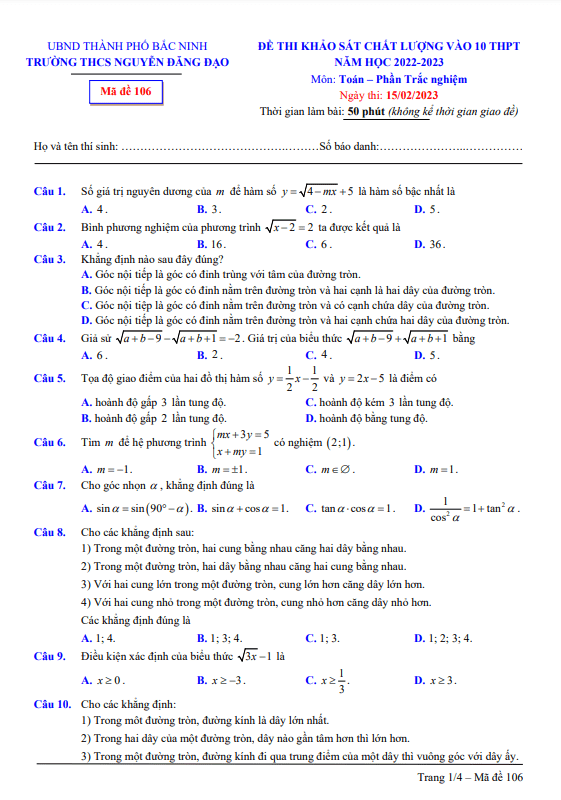 Đề KSCL Toán vào 10 THPT năm 2023 trường THCS Nguyễn Đăng Đạo – Bắc Ninh