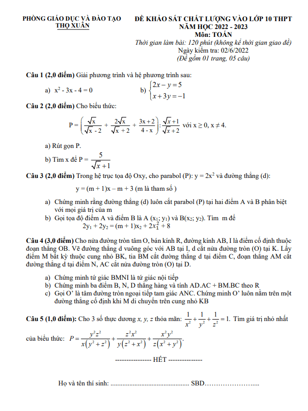 Đề KSCL Toán vào lớp 10 năm 2022 – 2023 phòng GD&ĐT Thọ Xuân – Thanh Hoá