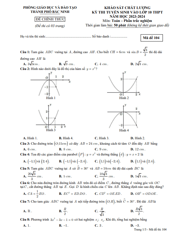 Đề KSCL Toán vào lớp 10 năm 2023 – 2024 phòng GD&ĐT thành phố Bắc Ninh