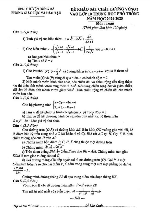 Đề KSCL Toán vào lớp 10 vòng 2 năm 2024 – 2025 phòng GD&ĐT Hưng Hà – Thái Bình