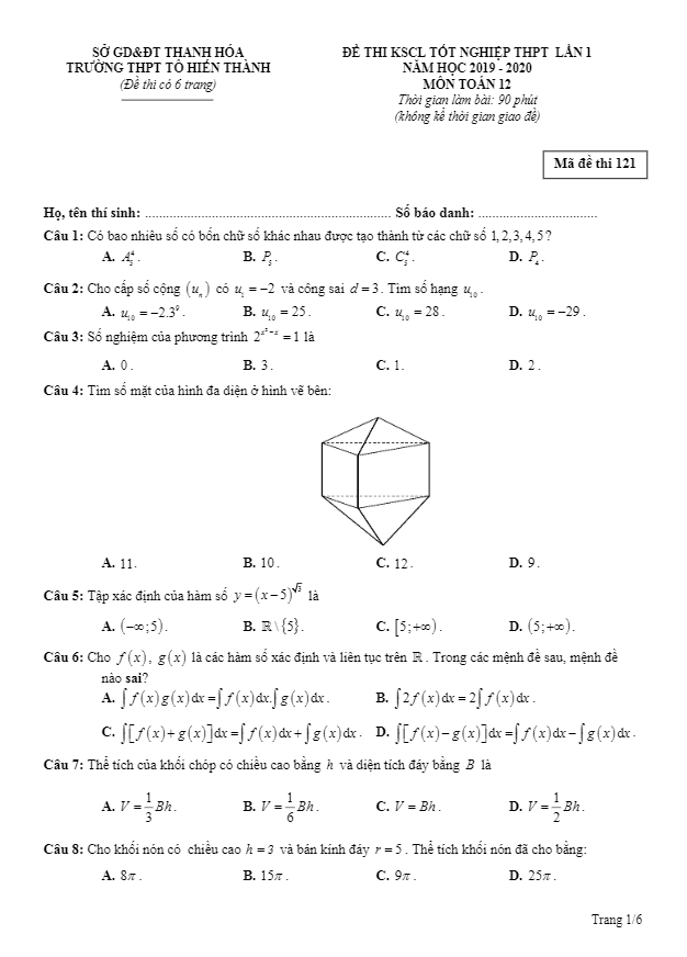 Đề KSCL tốt nghiệp THPT 2020 lần 1 Toán 12 trường THPT Tô Hiến Thành – Thanh Hóa