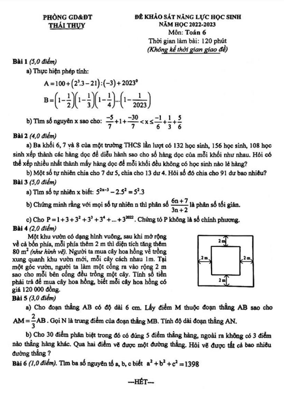 Đề KSNL Toán 6 năm 2022 – 2023 phòng GD&ĐT Thái Thụy – Thái Bình