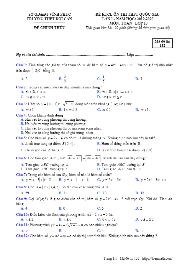 Đề KTCL Toán 10 lần 1 ôn thi THPTQG 2019 – 2020 trường Đội Cấn – Vĩnh Phúc