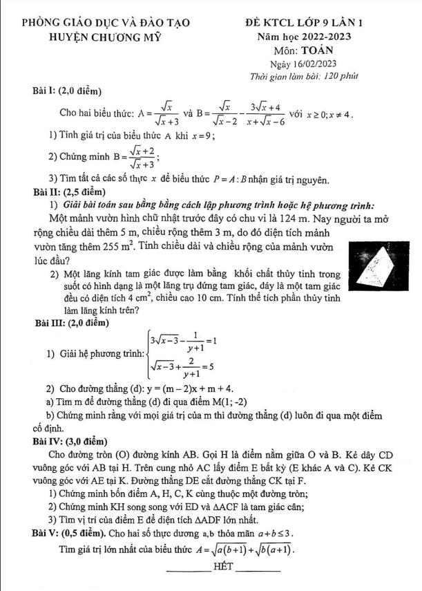 Đề KTCL Toán 9 lần 1 năm 2022 – 2023 phòng GD&ĐT Chương Mỹ – Hà Nội