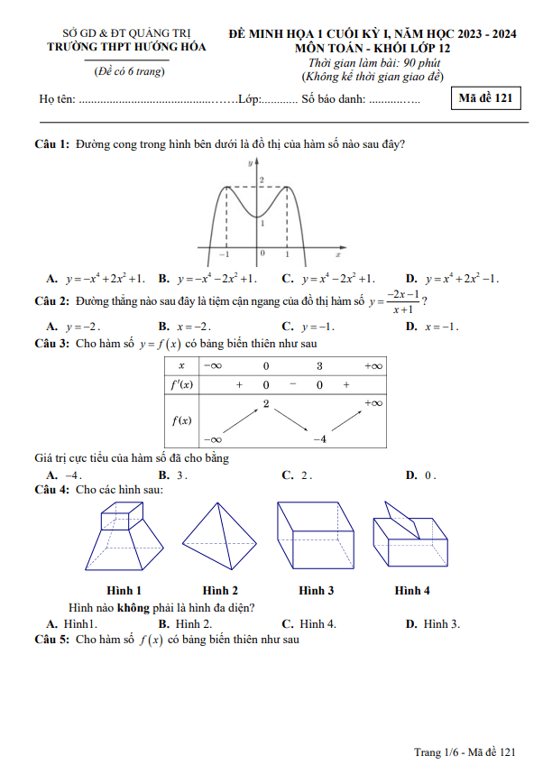 Đề minh họa cuối kỳ 1 Toán 12 năm 2023 – 2024 trường THPT Hướng Hóa – Quảng Trị