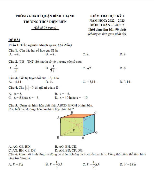 Đề minh họa cuối kỳ 1 Toán 7 năm 2022 – 2023 trường THCS Điện Biên – TP HCM