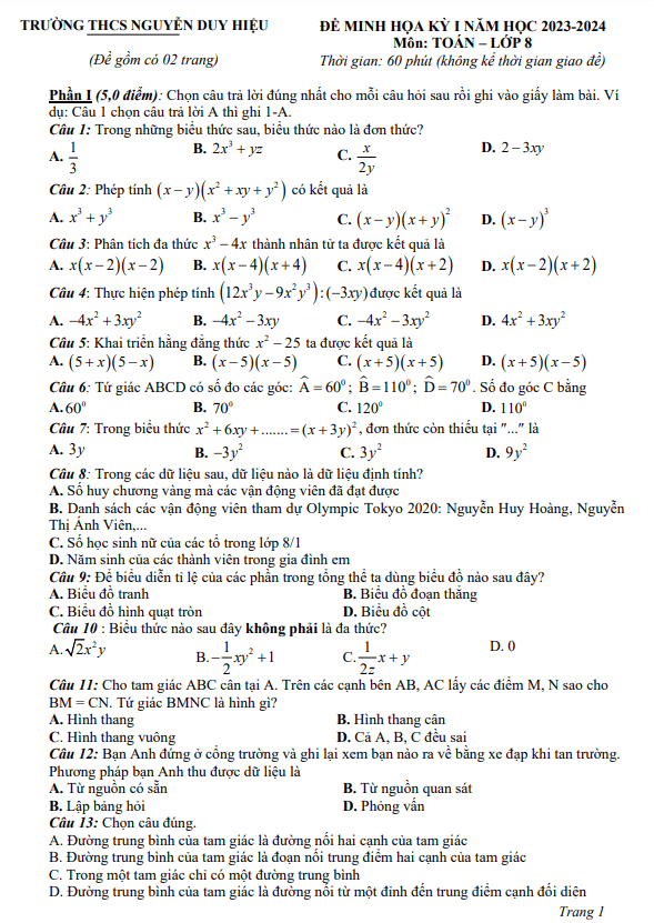 Đề minh họa cuối kỳ 1 Toán 8 năm 2023 – 2024 trường Nguyễn Duy Hiệu – Quảng Nam