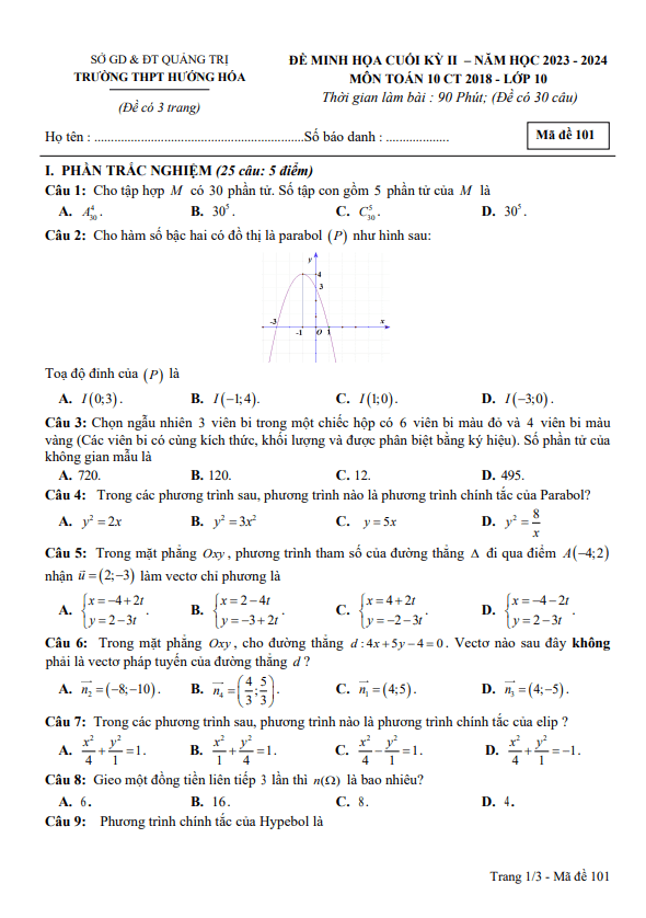 Đề minh họa cuối kỳ 2 Toán 10 năm 2023 – 2024 trường THPT Hướng Hóa – Quảng Trị