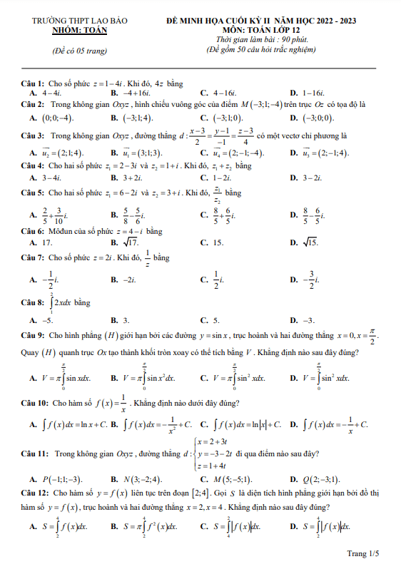 Đề minh họa cuối kỳ 2 Toán 12 năm 2022 – 2023 trường THPT Lao Bảo – Quảng Trị